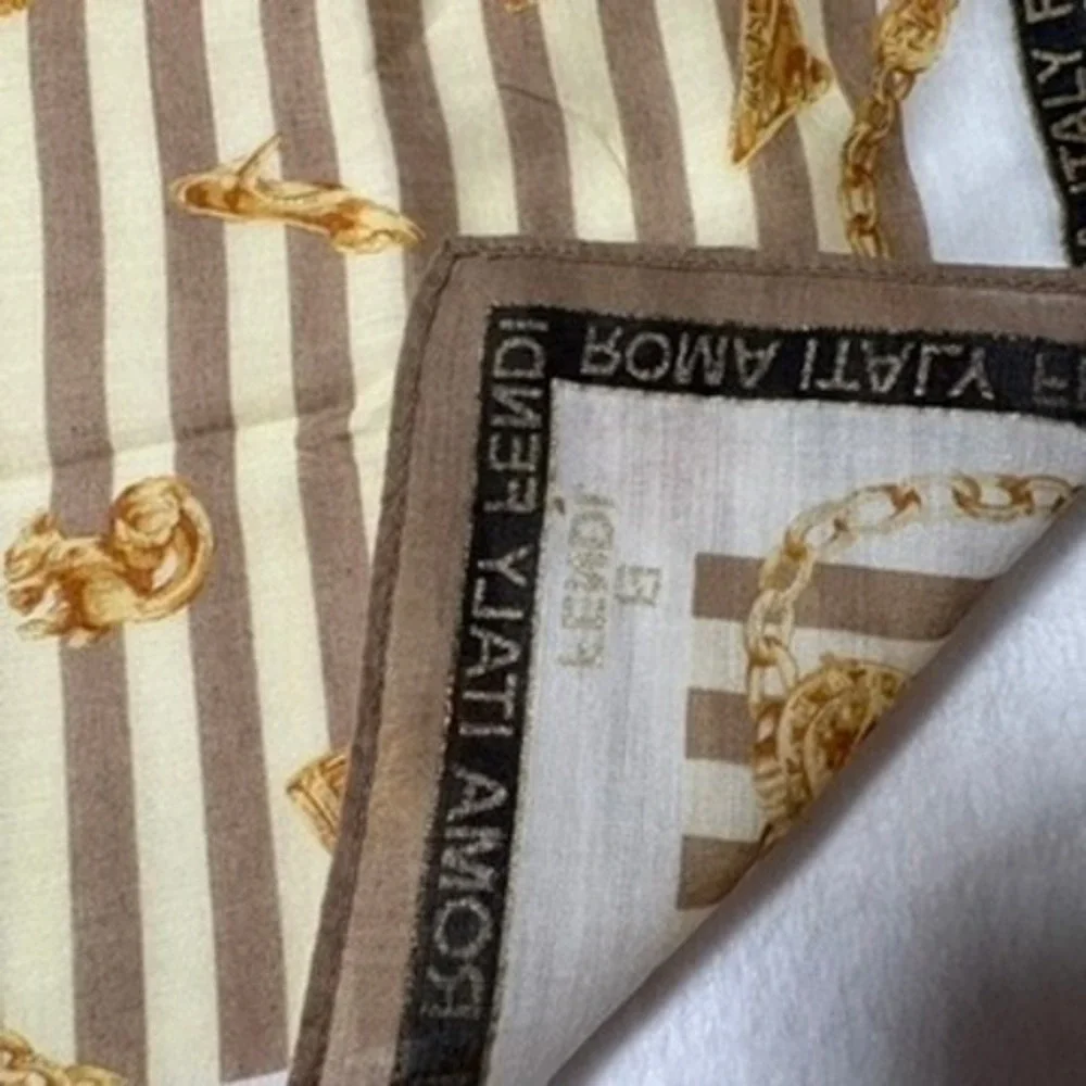 Vtg FENDI Scarf Handkerchief Striped Brown Cream Gold 17.5